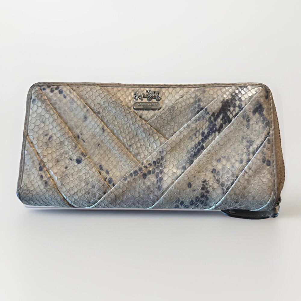 Vintage Coach Python Embossed Leather Accordion Zip Wallet Metallic Pleated